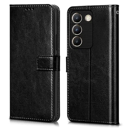 Vivo Y200e 5G | Vivo T3 5G (Flexible | Leather Finish | Card Pockets Wallet & Stand | Black)