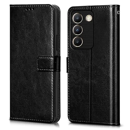 Vivo Y200e 5G | Vivo T3 5G (Flexible | Leather Finish | Card Pockets Wallet & Stand | Black)