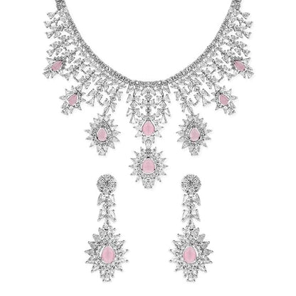 Womens Silver Plated Handcrafted Pink AD Stone Studded Necklace and Earring Set - Rajputtrade