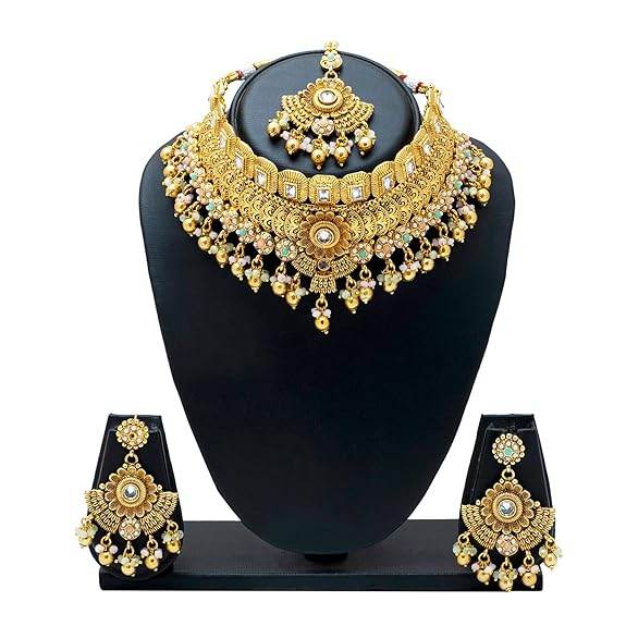 Gold Plated Matte Forming One Gram Gold Haram Traditional Kundan, Choker Jewellery/Jewelry Necklace Set For Women - Rajputtrade