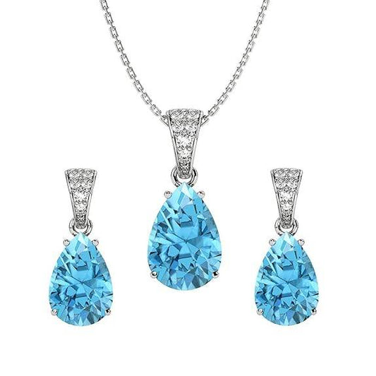925 Sterling Silver Sky Blue Tear Drop Pendant Earring Chain Jewellery Set | Rhodium Plated, Swiss Zirconia | Gift for Women & Girls - Rajputtrade