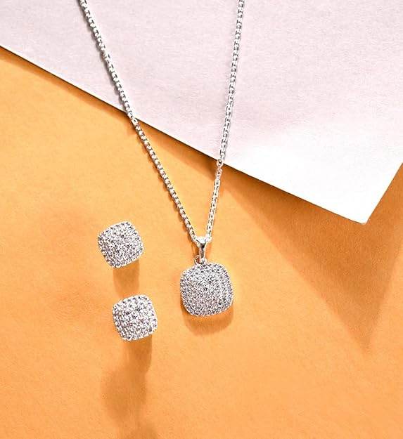 925 Sterling Silver Queen of Diamonds Pendant Earrings Chain Necklace Jewellery Set | Platinum Plated, Swiss Zirconia | Gift for Women and Girls - Rajputtrade