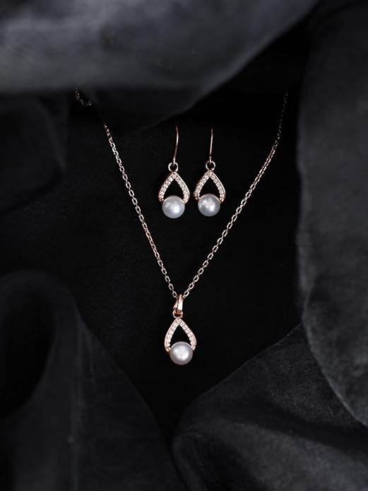 925 Sterling Silver Kashm Freshwater Pearl Pendant Earrings Chain Necklace Jewellery Set | Rose Gold Plated, Swiss Zirconia |Gift for Women and Girls - Rajputtrade