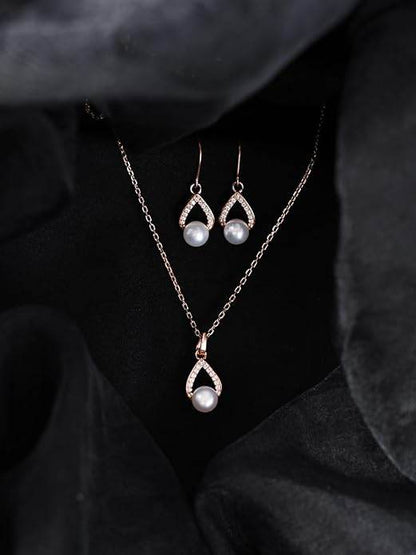 925 Sterling Silver Kashm Freshwater Pearl Pendant Earrings Chain Necklace Jewellery Set | Rose Gold Plated, Swiss Zirconia |Gift for Women and Girls - Rajputtrade