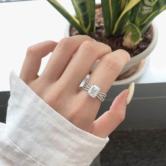 92.5 Sterling Silver Multi Band Emerald Cut Ring | Engagement Ring for Women, - Rajputtrade