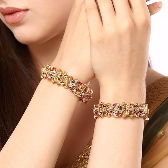 18k Gold Plated Temple Jewellery Bangles for Women | Set of 2 Bangles Set | Latest Stylish Traditional Kada Bangles | Just Like Real Gold Jewellery - Rajputtrade