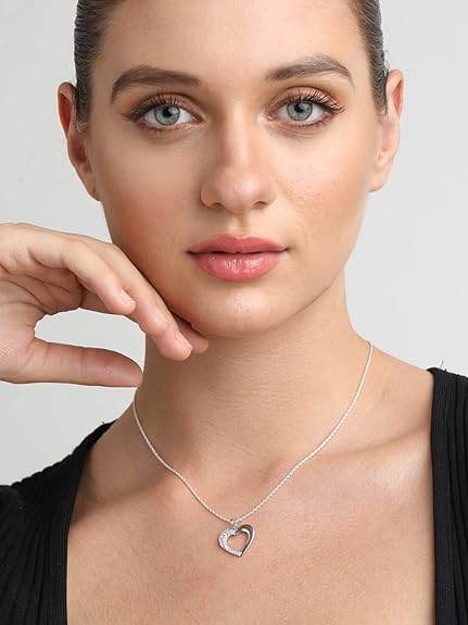 925 Sterling Silver Heart Shape Pendant Chain Necklace | Rhodium Plated, Swiss Zirconia | Gift for Women and Girls - Rajputtrade
