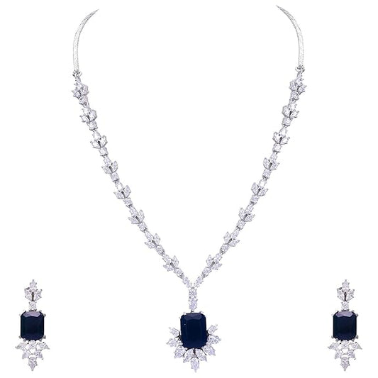 Jewellery Red Ruby Necklace Set Pendant with Earring for Women/Girls (Blue - Gold) - Rajputtrade