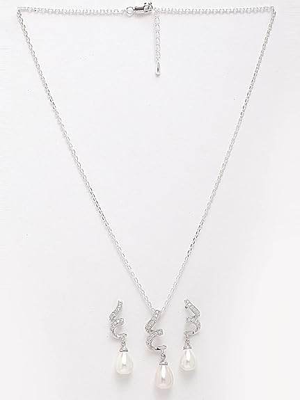 925 Sterling Silver Pearl Twist Pendant Earring Chain Jewellery Set | Rhodium Plated, Swiss Zirconia | Gift for Women & Girls - Rajputtrade