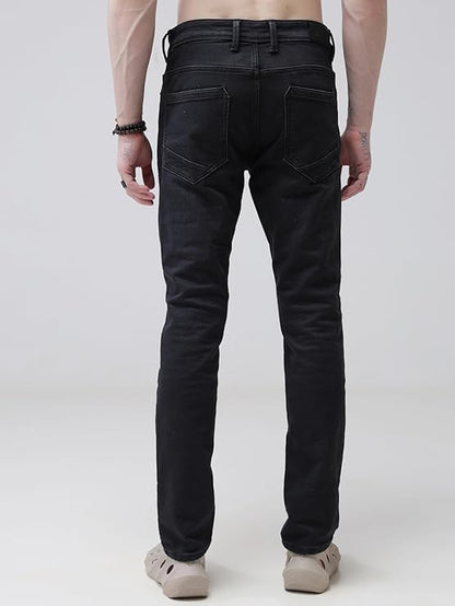 TURMS Men's Black Solid Mid Rise Stretchable Adventure Comfort Denim Pant Cotton Rich Jeans - Rajputtrade