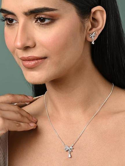 925 Sterling Silver Bow Knot Pendant Earrings Chain Necklace Jewellery Set | Platinum Plated, Swiss Zirconia | Classy Gift for Women and Girls - Rajputtrade