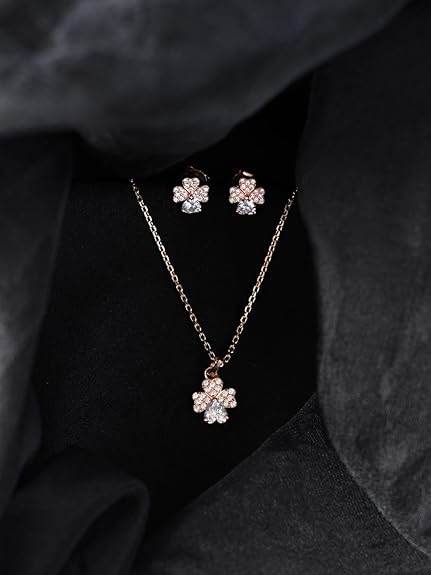925 Sterling Silver Bunch of Hearts Pendant Earrings Chain Necklace Jewellery Set | Rose Gold Plated, Swiss Zirconia |Gift for Women and Girls - Rajputtrade
