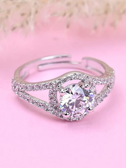 Pure 925 Sterling Silver Solitaire Finger Ring with Adjustable Band | Gift for Women Girls Wife Girlfriend | Multiple Design Options - Rajputtrade