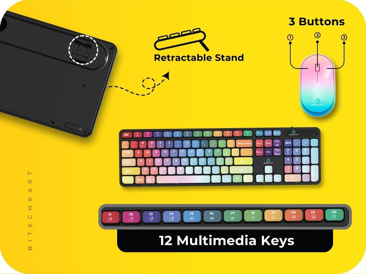 BITECHKART Wireless Keyboard and Mouse Combo with Chocolate Keycaps| 104 Keys |2.4 GHz |Multicolor Keys Fabricated with Nitrogen Setting Technology |DPI 1600 |Windows,MacOS,Laptop,PC,DOS,Linux |Black - Rajputtrade