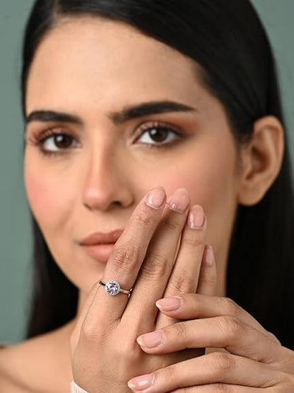 Pure 925 Sterling Silver Vega Pink Solitaire Halo Finger Ring | Swiss Zircon Platinum Plated | Size Adjustable | Gift for Women Girls Wife Girlfriend - Rajputtrade