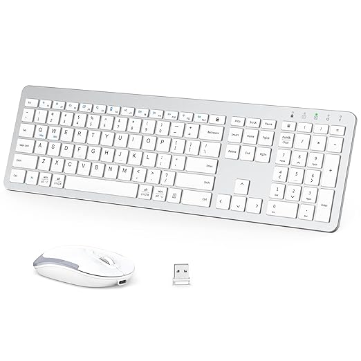 Wireless Keyboard and Mouse GK08 - Rechargeable, Ergonomic, Quiet, Full Size Design with Number Pad, 2.4G Stable Connection Slim Mac Keyboard and Mouse for Windows, Mac OS Computer, Silver - Rajputtrade