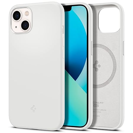 Spigen Silicone Fit MagFit Back Cover Case Compatible with iPhone 13 (Silicone White)