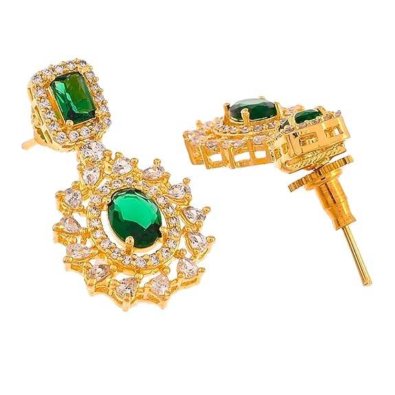 Elegance Cluster Setting Round and Oval Cut CZ Brass Gold Plated Jewellery Set (Green) - Rajputtrade