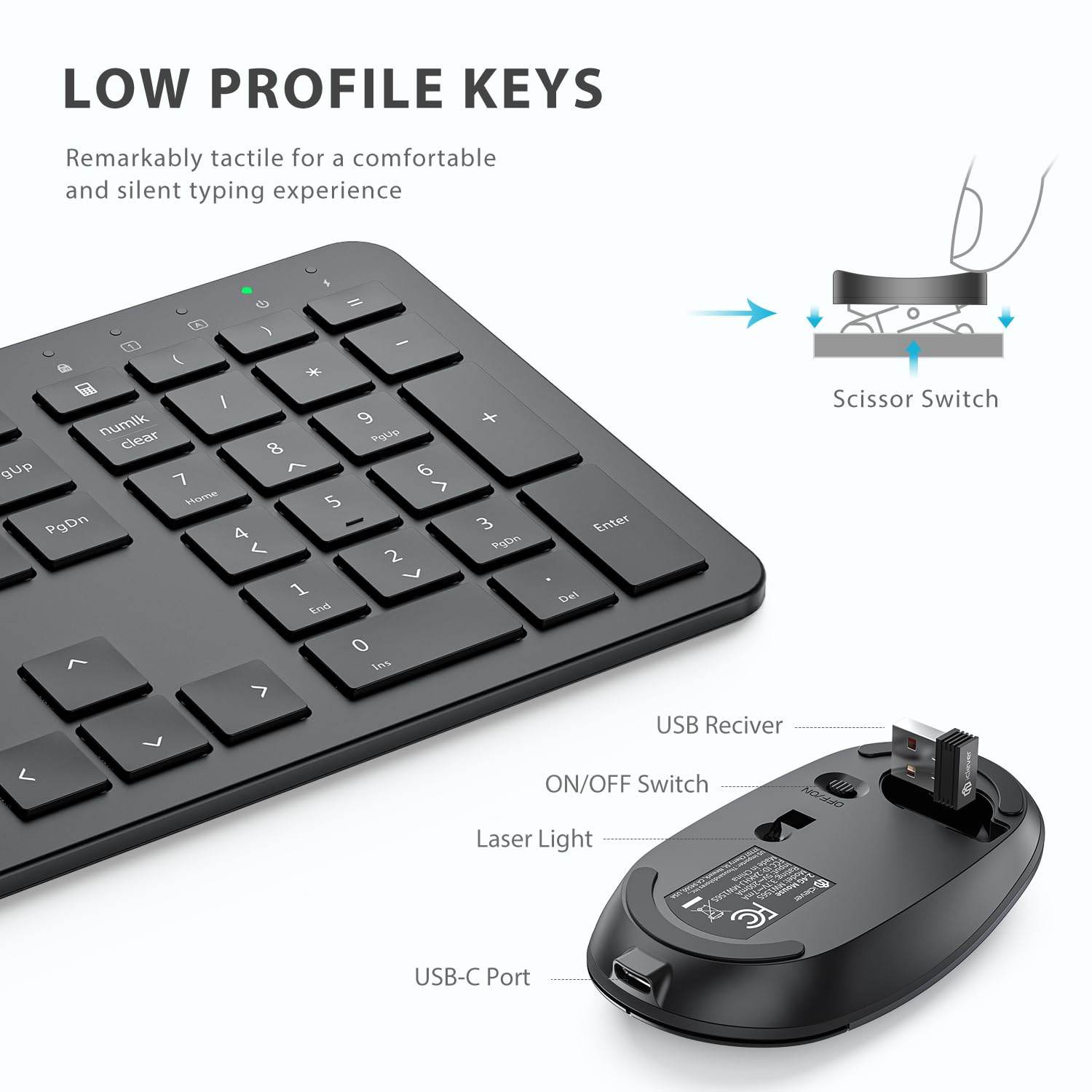 GK08 Wireless Keyboard and Mouse Set, Rechargeable Wireless Keyboard Ergonomic Full Size Design with Number Pad, 2.4G Stable Connection for Windows, Mac OS Computer, Black - Rajputtrade
