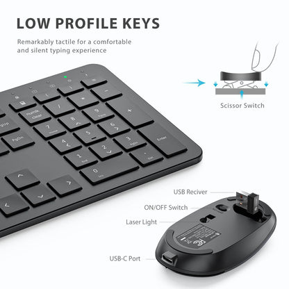 GK08 Wireless Keyboard and Mouse Set, Rechargeable Wireless Keyboard Ergonomic Full Size Design with Number Pad, 2.4G Stable Connection for Windows, Mac OS Computer, Black - Rajputtrade