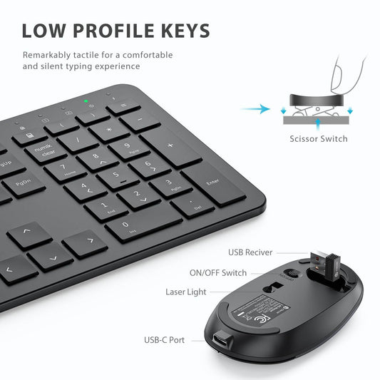 GK08 Wireless Keyboard and Mouse Set, Rechargeable Wireless Keyboard Ergonomic Full Size Design with Number Pad, 2.4G Stable Connection for Windows, Mac OS Computer, Black - Rajputtrade