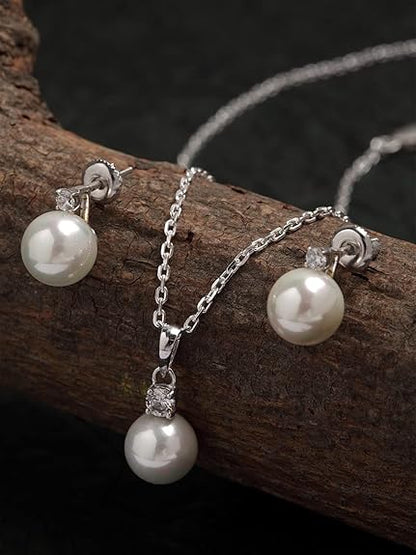 Sterling Silver and Pearl & Crystal Pendant Earrings Set With Chain for Women & Girls (White) - Rajputtrade