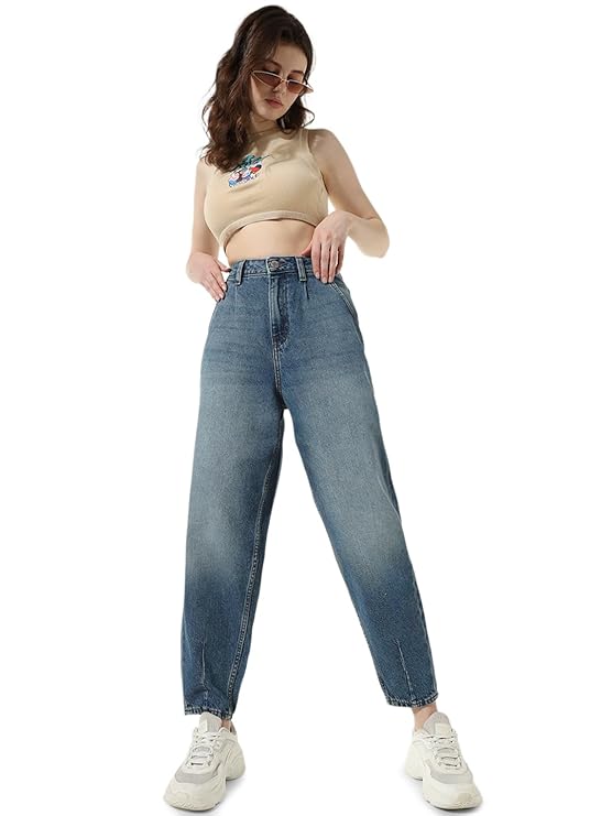 Women's Loose Fit Jeans, Medium Blue Denim (Size 34) - Rajputtrade