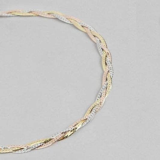 925 Sterling Silver Braided Triple Tone Multicolour Rhodium, Gold and Rose Gold Plated Chain Anklet (Single) | Gift for Women and Girls | - Rajputtrade
