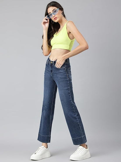 Women Blue Comfort Wide Leg High-Rise Light Fade Stretchable Jeans, Navy Blue (Size 36) - Rajputtrade