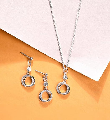 925 Sterling Silver Circle of Joy Pendant Earrings Chain Necklace Jewellery Set | Platinum Plated, Swiss Zirconia | Gift for Women and Girls