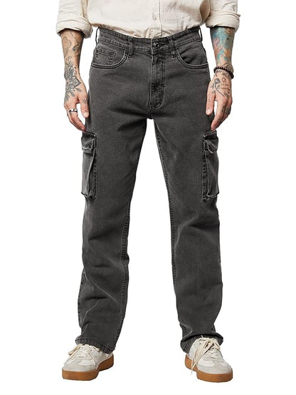 The Souled Store Solids: Men and Boys Straight Fit Cotton Blend Cargo Jeans - Rajputtrade