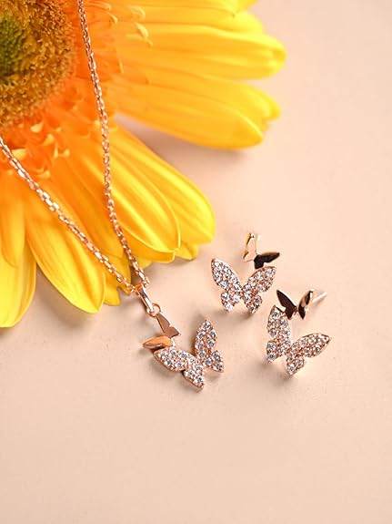 925 Sterling Silver Fairy Butterfly Pendant Earrings Chain Necklace Jewellery Set | Rose Gold Plated, Swiss Zirconia | Gift for Women and Girls - Rajputtrade