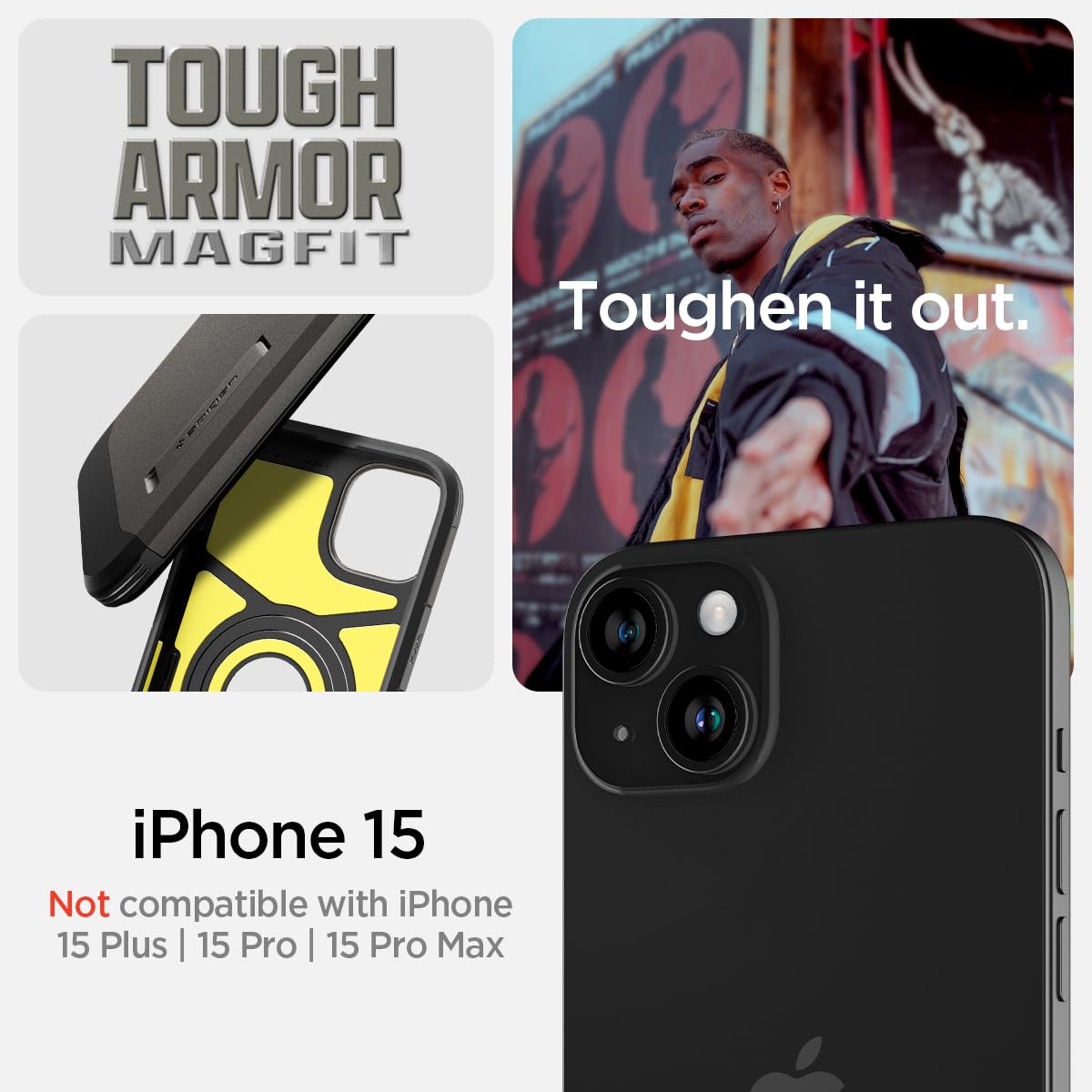 Spigen Tough Armor MagFit Back Cover Case Compatible with iPhone 15 (TPU + Poly Carbonate | Gunmetal)