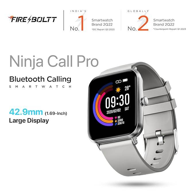 Fire-Boltt Ninja Call Pro Smart Watch Dual Chip Bluetooth Calling, 42.92mm (1.69 inch) Display (Grey) - Rajputtrade