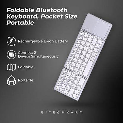 BITECHKART Foldable Bluetooth Keyboard, Pocket Size Portable Mini BT Wireless Keyboard with Touchpad for Android, Windows, PC, Tablet, with Rechargeable Li-ion Battery_20 x 10 x 3 cm Silver - Rajputtrade