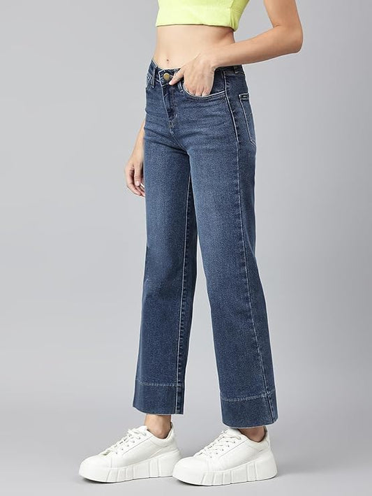 Women Blue Comfort Wide Leg High-Rise Light Fade Stretchable Jeans, Navy Blue (Size 36) - Rajputtrade