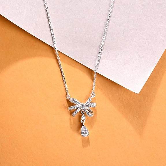 925 Sterling Silver Bow Knot Pendant Chain Necklace Jewellery Set | Platinum Plated, Swiss Zirconia | Classy Gift for Women and Girls - Rajputtrade