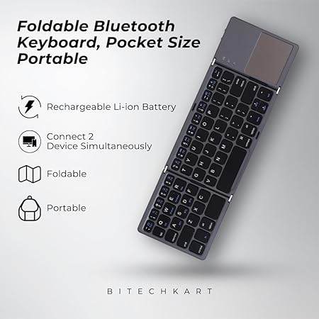 BITECHKART Foldable Bluetooth Keyboard, Pocket Size Portable Mini BT Wireless Keyboard with Touchpad for Android, Windows, PC, Tablet, with Rechargeable Li-ion Battery_20 x 10 x 3 cm Grey - Rajputtrade