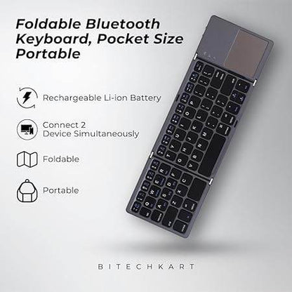 BITECHKART Foldable Bluetooth Keyboard, Pocket Size Portable Mini BT Wireless Keyboard with Touchpad for Android, Windows, PC, Tablet, with Rechargeable Li-ion Battery_20 x 10 x 3 cm Grey - Rajputtrade