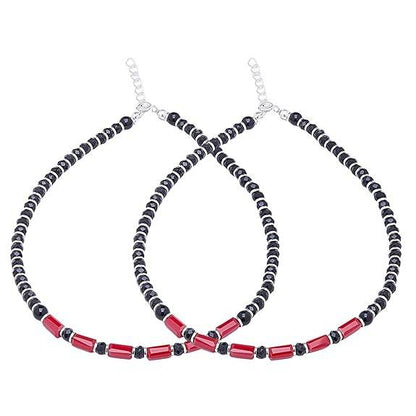 925 Sterling Silver Designer Black and Red Rhodium Plated Adjustable Beaded Anklet (Pair) | Gift for Women & Girls | - Rajputtrade