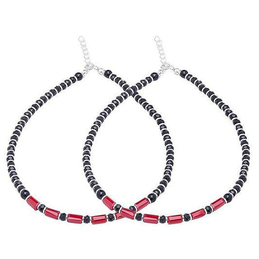 925 Sterling Silver Designer Black and Red Rhodium Plated Adjustable Beaded Anklet (Pair) | Gift for Women & Girls | - Rajputtrade