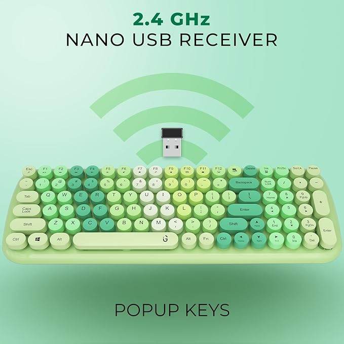 iGear KeyBee Retro Typewriter Inspired 2.4GHz Wireless Keyboard with Mouse Combo for Desktop/Laptop and Devices with USB Support, Single Nano Receiver, Round Keycaps, Cleaning Brush (White) (Green) - Rajputtrade
