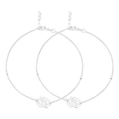 925 Sterling Silver Designer Lotus Floral Rhodium Plated Adjustable Chain Anklet (Pair) | Gift for Women & Girls | - Rajputtrade