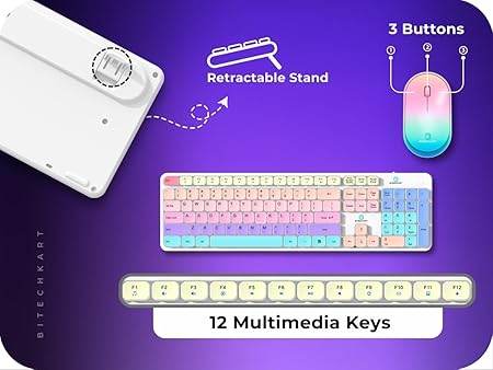 Bitechkart Wireless Keyboard and Mouse Combo with Chocolate Keycaps| 104 Keys |2.4 GHz |Multicolor Keys Fabricated with Nitrogen Setting Technology |DPI 1600 |Windows,MacOS,Laptop,PC,DOS,Linux |White - Rajputtrade