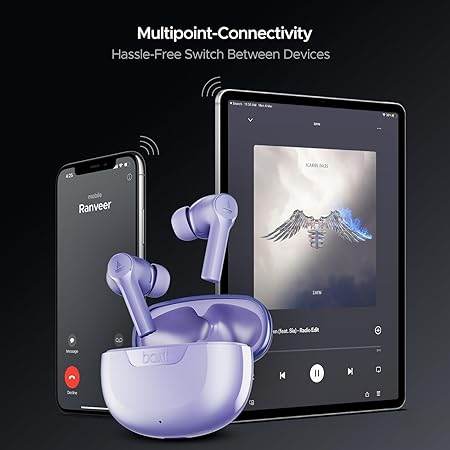 boAt Airdopes 300, Cinematic Spatial Audio, 50H Battery, 4Mic AI ENx, Fast Charge, App Support, Low Latency, IPX4, v5.3 Bluetooth Earbuds, TWS in Ear Earbuds Wireless Earphones with mic (Purple Haze) - Rajputtrade