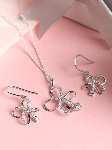925 Sterling Silver Vega Pendant Earring Chain Jewellery Set | Rhodium Plated, Swiss Zirconia | Gift for Women & Girls - Rajputtrade