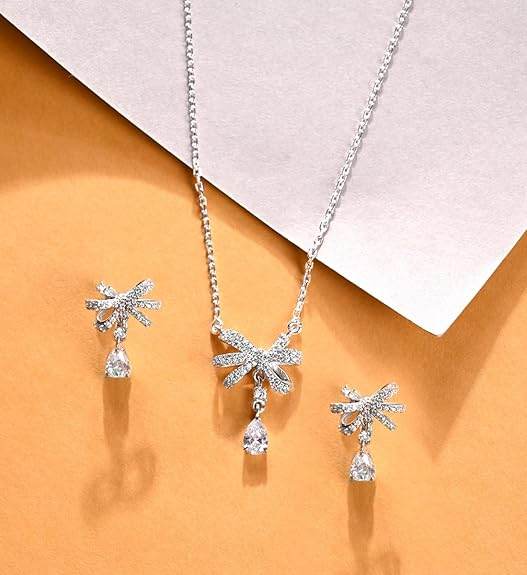 925 Sterling Silver Bow Knot Pendant Earrings Chain Necklace Jewellery Set | Platinum Plated, Swiss Zirconia | Classy Gift for Women and Girls - Rajputtrade