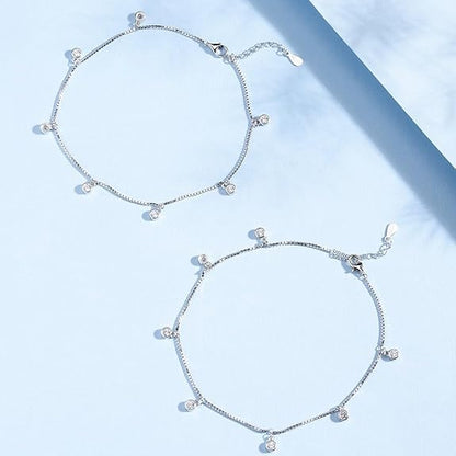 925 Sterling Silver Cubic Zirconia CZ Drop Adjustable Rhodium Plated Chain Anklet (Pair) | Gift for Women & Girls | - Rajputtrade