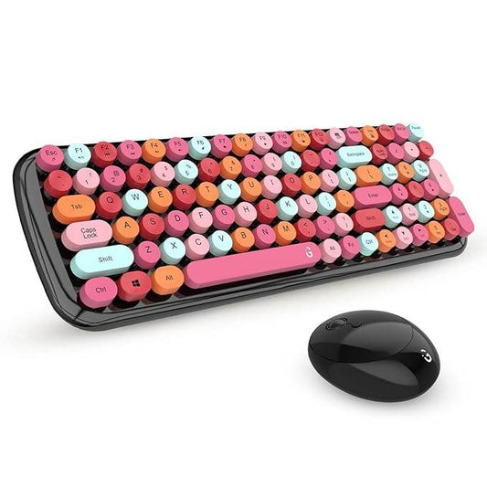 i GEAR KeyBee Retro Typewriter Inspired 2.4GHz Wireless Keyboard and Mouse Combo with USB Support, Single Nano Receiver, Round Keycaps, Cleaning Brush (Black Pink) - Rajputtrade