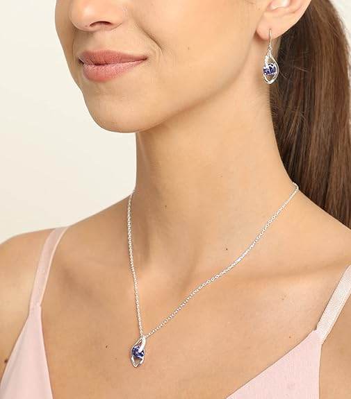 925 Sterling Silver Royal Blue Eye Pendant Earring Chain Jewellery Set | Rhodium Plated, Swiss Zirconia | Gift for Women & Girls - Rajputtrade